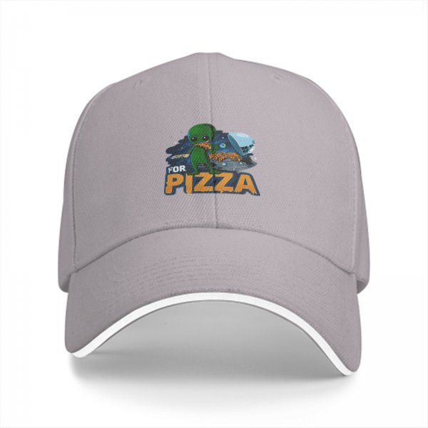 Black baseball cap with alien eating pizza and 'FOR PIZZA' text
