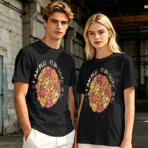 Olive t-shirt with cute puppy pile graphic and playful text