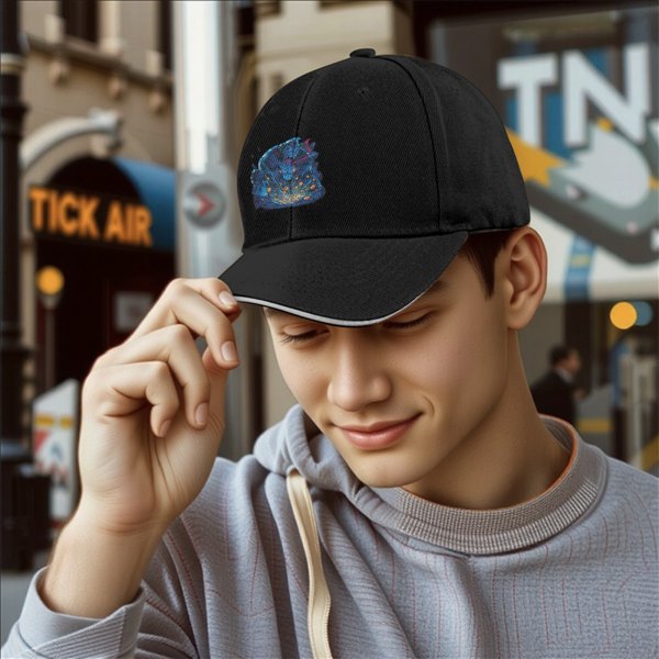 Black baseball cap with blue fantasy character explosion graphic