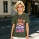 Olive t-shirt with a grumpy cat needing a vacation print
