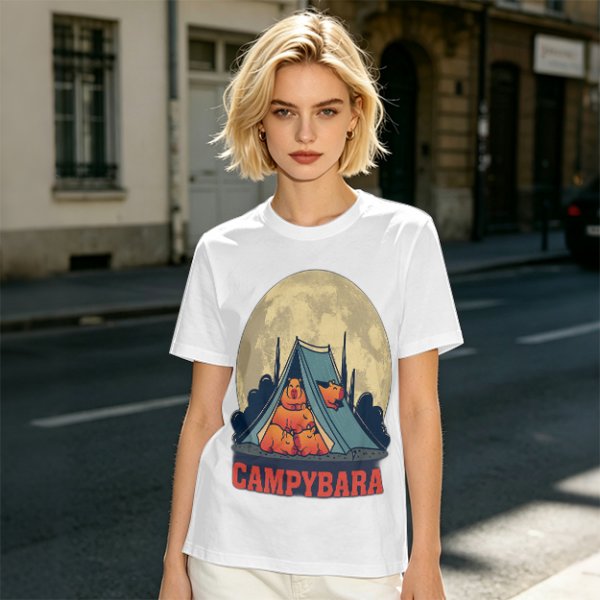 Capybara Camping Tent Full Moon Graphic T-Shirt