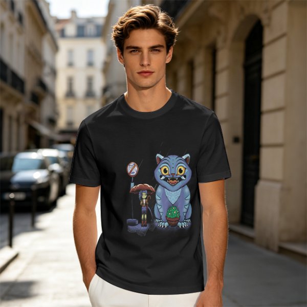 Olive T-Shirt With Whimsical Blue Cat And Mushroom Figure Print