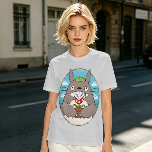 Olive Green T-Shirt with Totoro Holding Piranha Plant Print