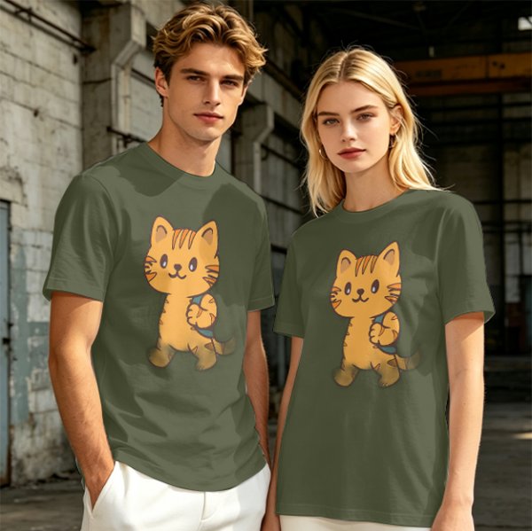 Olive T-Shirt With Cute Orange Tabby Cat Graphic