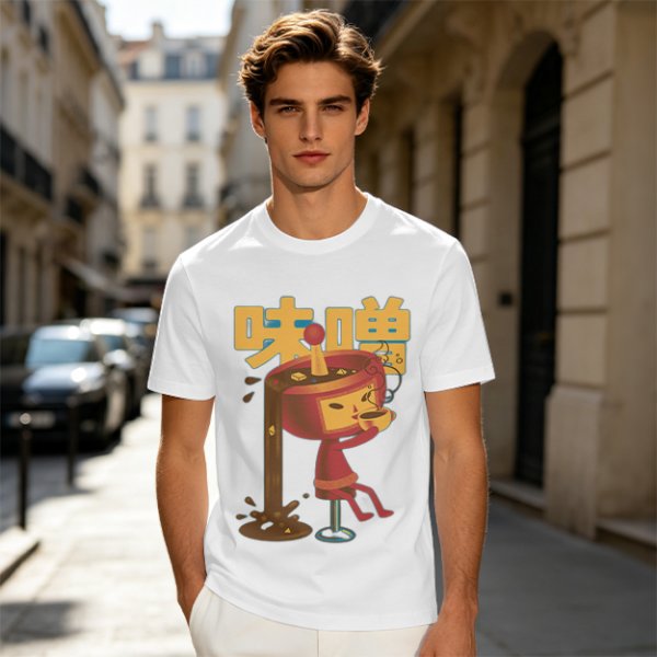 Olive green t-shirt with whimsical miso character graphic print