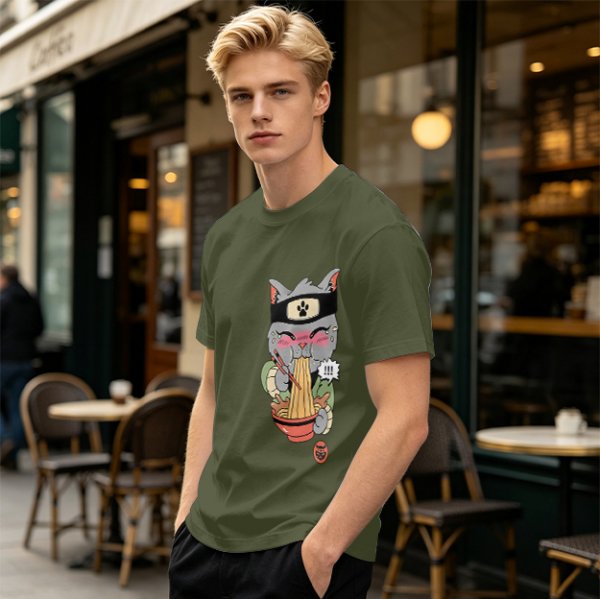 Olive green t-shirt with a ninja cat eating ramen graphic