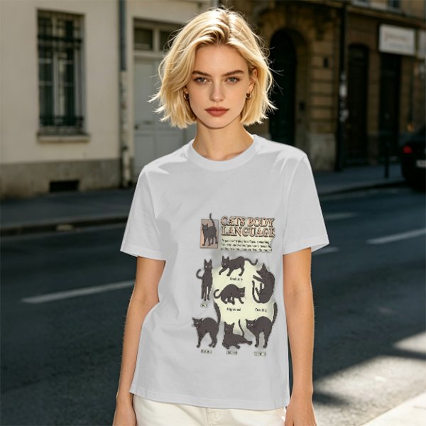 Olive T-Shirt With Cat Body Language Illustrations