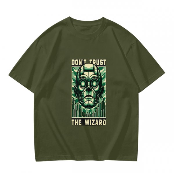 Olive green t-shirt with 'Don't Trust The Wizard' robot graphic print