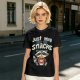 Olive green t-shirt with 'Just Here for the Snacks' and raccoon graphic
