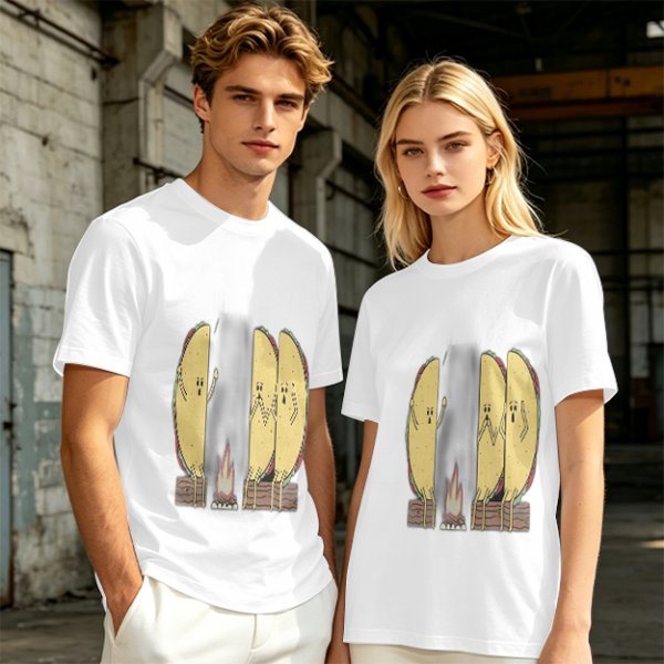 Olive T-Shirt With Funny Taco Characters Around A Campfire