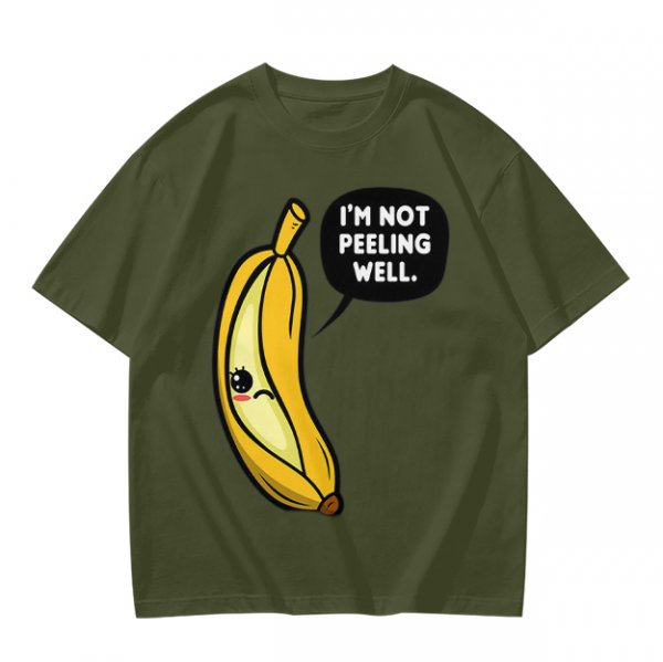Olive T-shirt with sad banana graphic reading I'm not peeling well