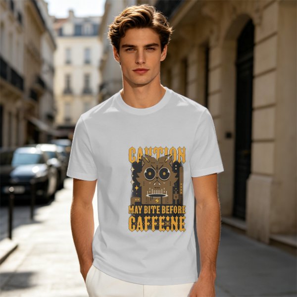 Olive Graphic T-Shirt With 'Caution May Bite Before Caffeine' Angry Cat Print