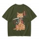 Olive T-Shirt With Samurai Cat Holding Katana And Koi Tattoos