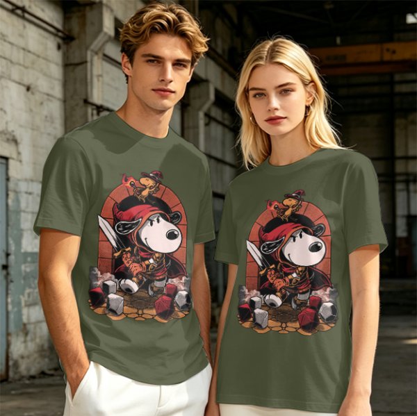 Olive T-Shirt Featuring Snoopy as a Fantasy Warrior with Woodstock
