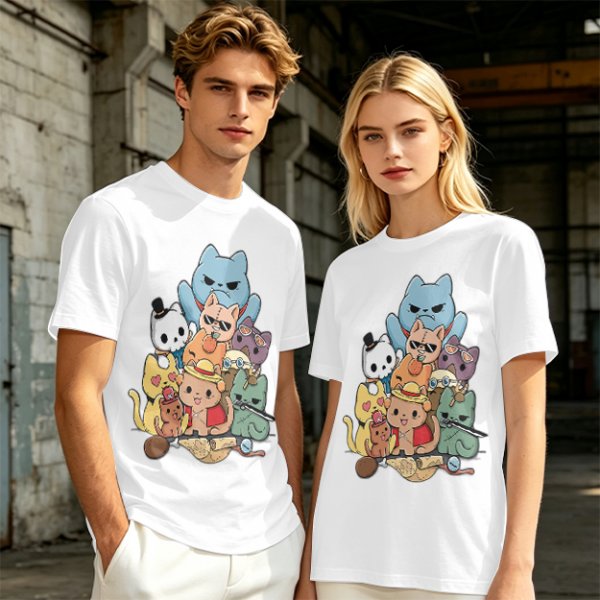 Olive T-Shirt With Chibi Pirate Cats Group Graphic
