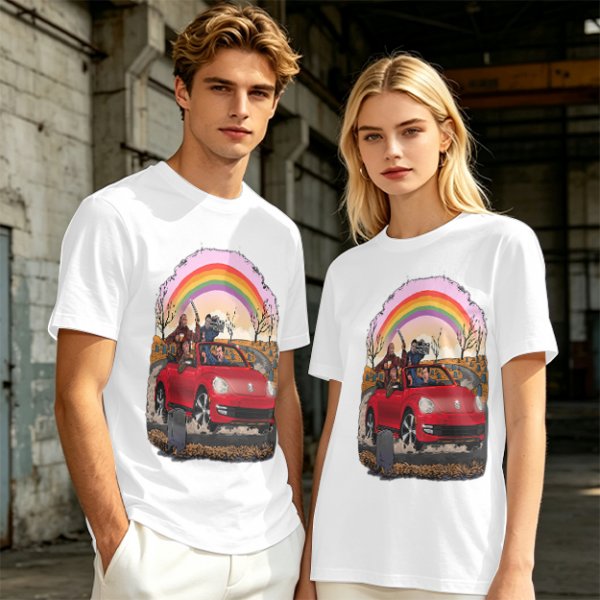 Olive T-Shirt With Red Convertible Car, Rainbow And People Graphic