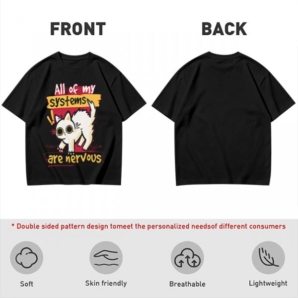 Olive graphic t-shirt with nervous white cat and 'All of my systems are nervous' text