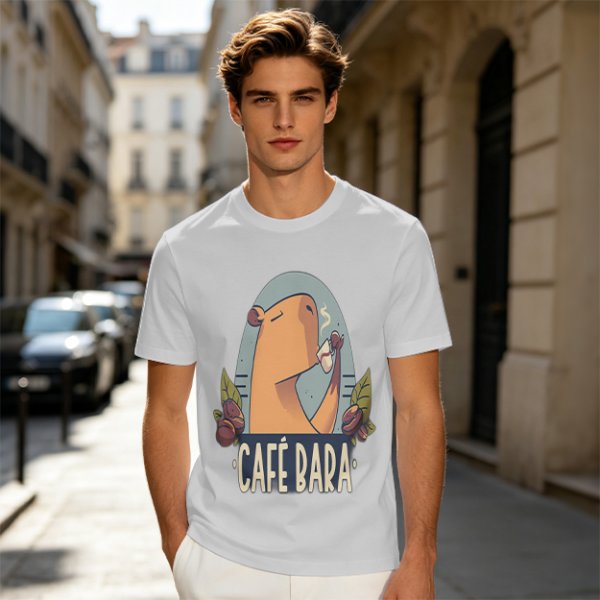 Olive t-shirt with capybara drinking coffee graphic