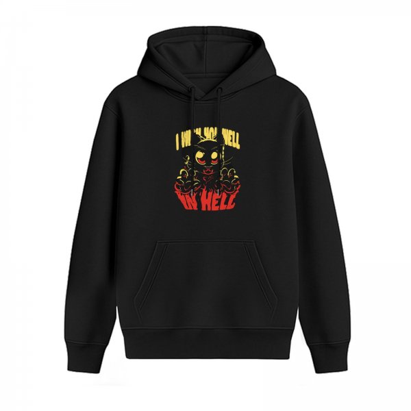 Black hoodie with 'I Wish You Well In Hell' devil cat graphic