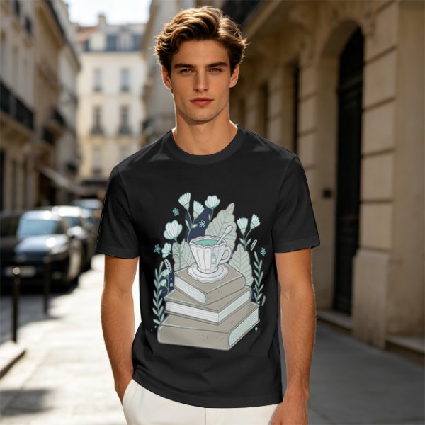 Olive T-Shirt With Stacked Books Teacup Floral Print