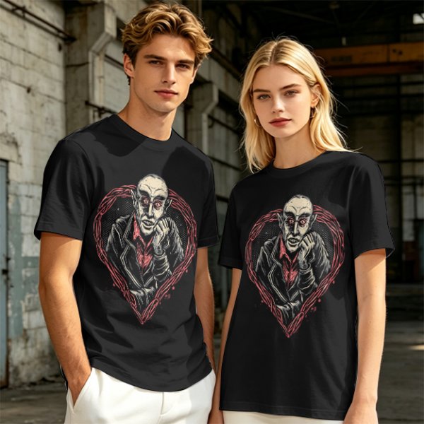 Olive T-shirt with Nosferatu Vampire in Red Heart Frame