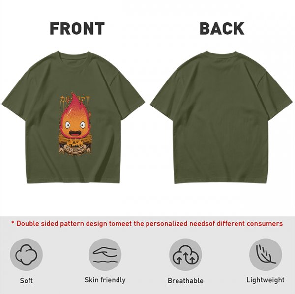 Olive t-shirt with Calcifer Fire Demon graphic print