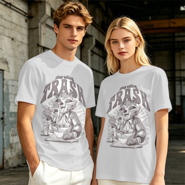 Olive graphic t-shirt with raccoon eating and 'Stop eating TRASH' print