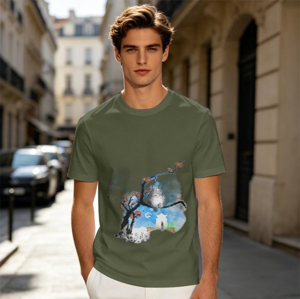 Olive green t-shirt with Totoro tree branch watercolor print
