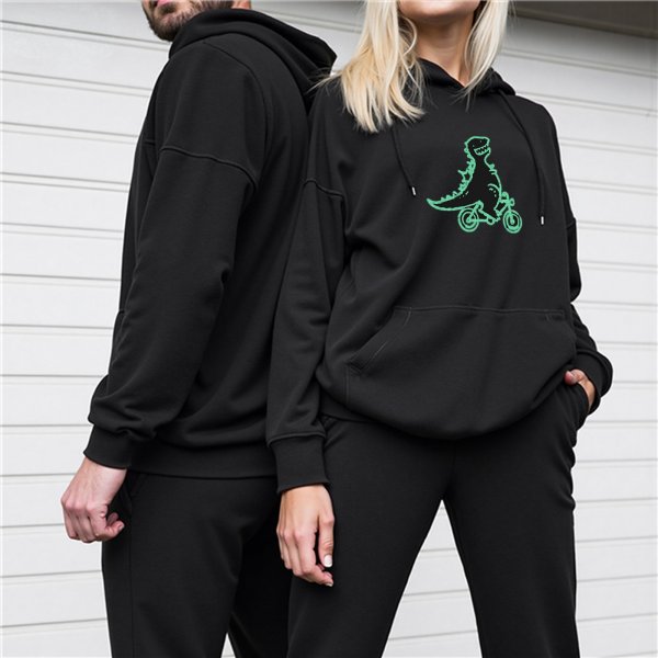 Black hoodie with a dinosaur riding a bicycle graphic
