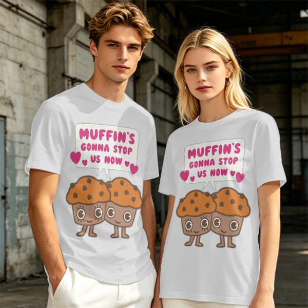 Olive t-shirt with cute muffin graphic and playful text design