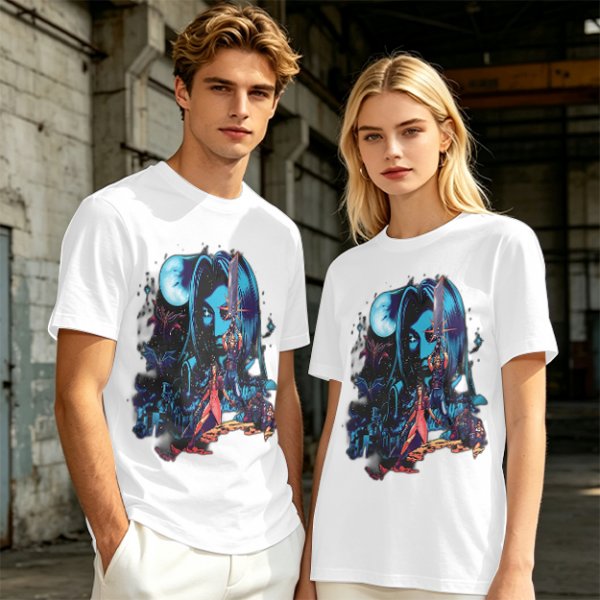 Olive T-shirt with fantasy warrior and moon graphic print