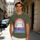 Olive graphic t-shirt with a white cat and 'I hate everyone equally' print