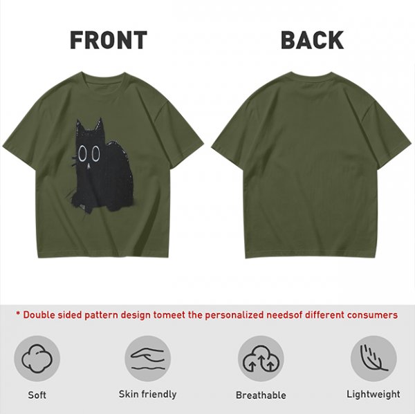 Oversized Olive T-Shirt With Black Cat Graphic Print
