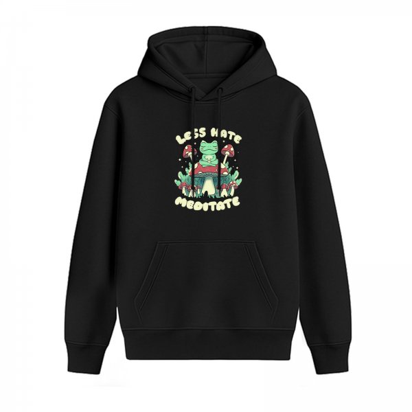 Black hoodie with meditating frog and 'Less Hate Meditate' mushroom graphic