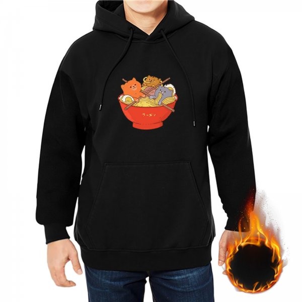 Black hoodie with cute cats in ramen bowl graphic