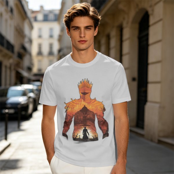 Olive T-Shirt With Giant Fire Warrior Silhouette And Small Knight Print
