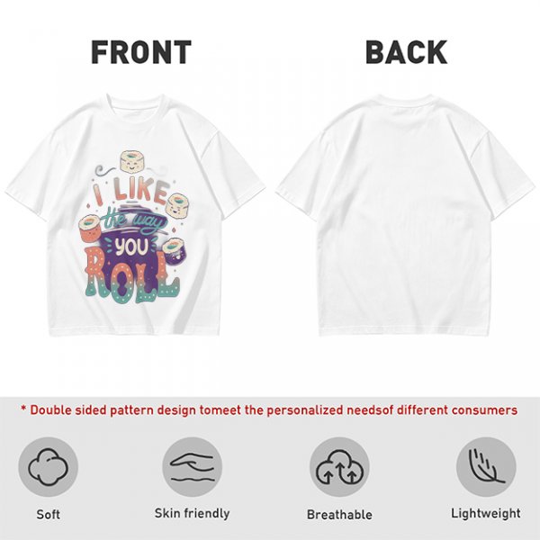 Olive T-Shirt With Cute Sushi Graphic and 'I Like The Way You Roll' Text
