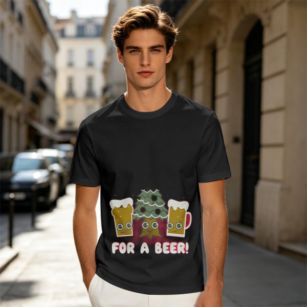 Olive green Christmas beer graphic t-shirt with 'FOR A BEER!' text