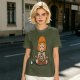 Olive T-shirt with cartoon muscular character meditating surrounded by candles