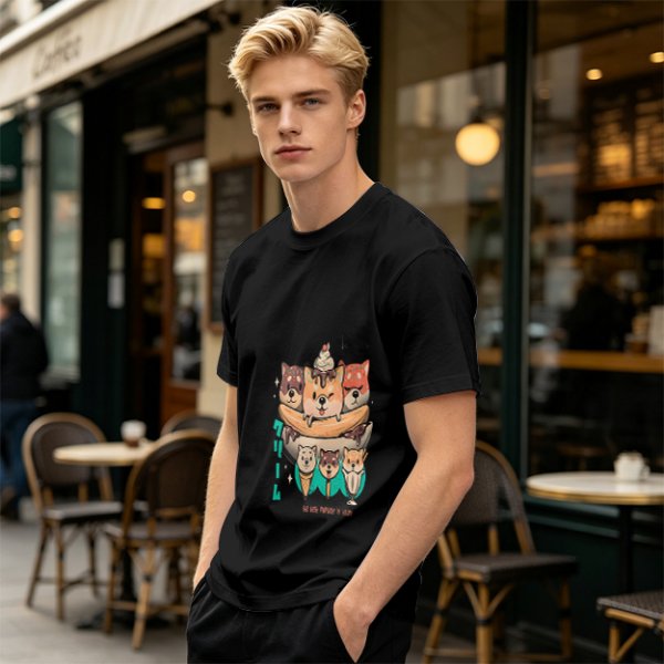 Olive green t-shirt with cute shiba inu ice cream graphic