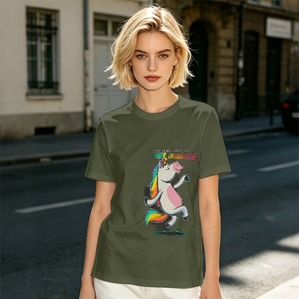 Olive T-shirt with Dancing Rainbow Unicorn Graphic Print