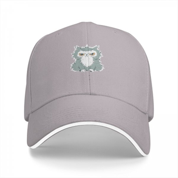 Black Baseball Cap With Grumpy Fluffy Grey Cat Graphic
