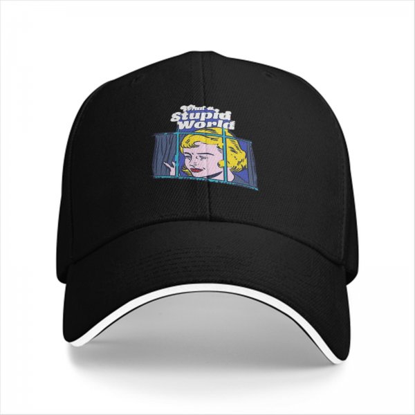 Black Baseball Cap With 'What a Stupid World' Retro Pop Art Print