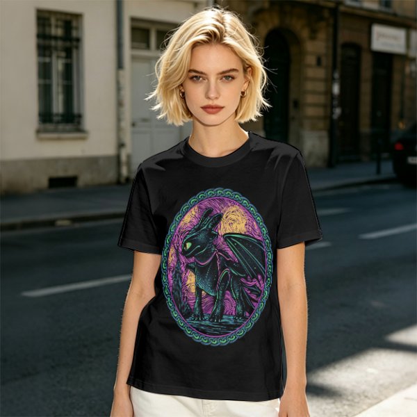 Olive T-Shirt Featuring Stylized Night Dragon In Swirling Oval Art