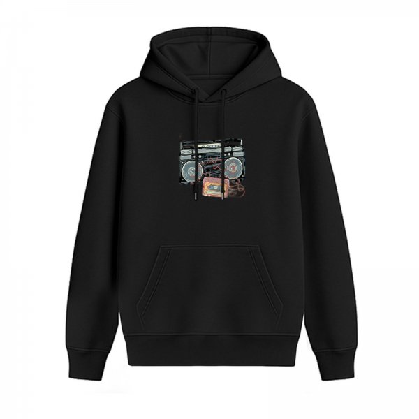 Black Hoodie with Retro Boombox and Cassette Print