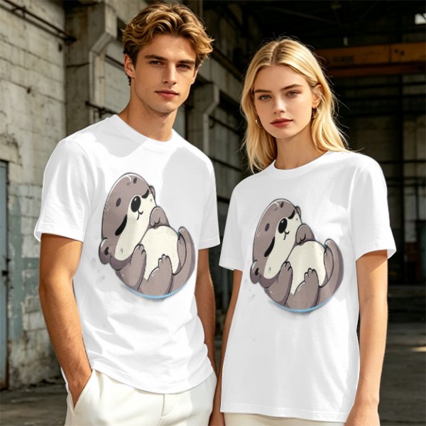 Olive Green T-Shirt with Cute Sleeping Otter Graphic