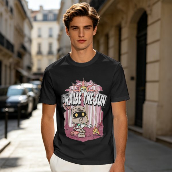 Olive t-shirt with cartoon knight 'Praise the Sun' graphic
