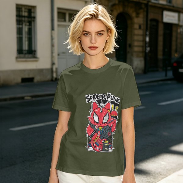 Olive T-shirt with Spider-Punk Cat Playing Guitar Graphic