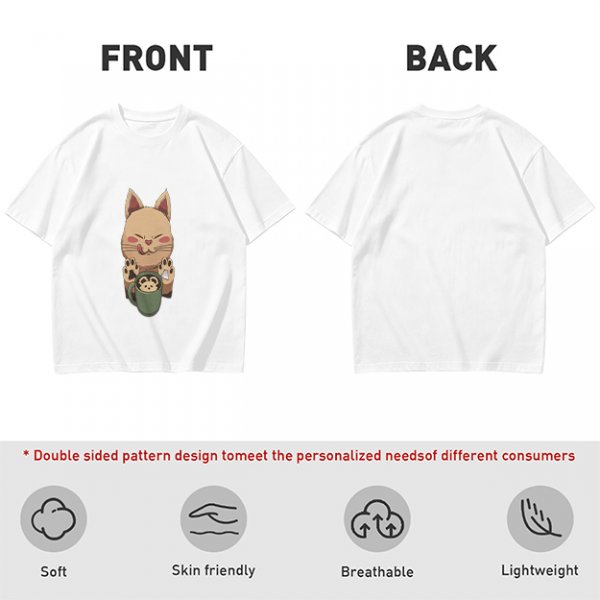 Olive green t-shirt with cute cat holding a mug print