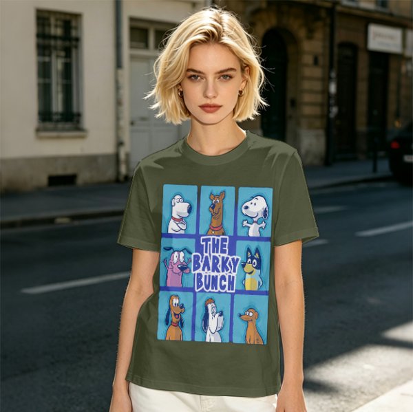 Olive green t-shirt with The Barky Bunch cartoon dog graphic